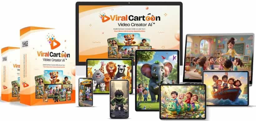 Viral Cartoon Video Creator AI software box and digital prompt library across multiple devices